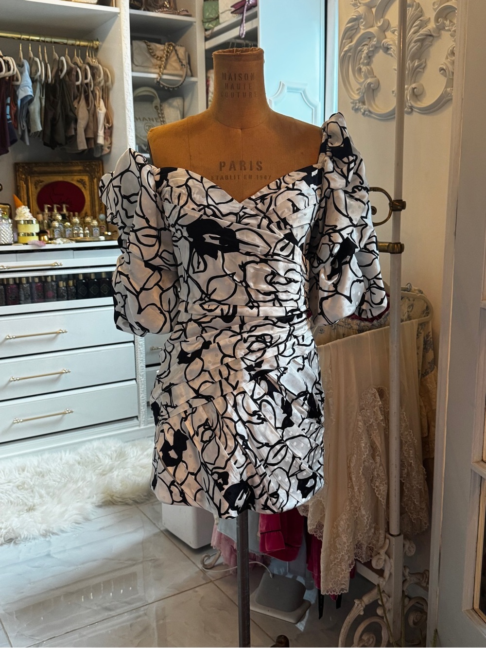 Ronny Kobo Collection Black & White Off-Shoulder Puff Sleeve Mini Dress